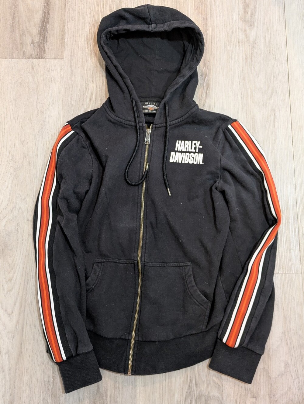 Harley‑Davidson Women’s Zip Hoodie Black Orange Striped Logo Jacket Size M